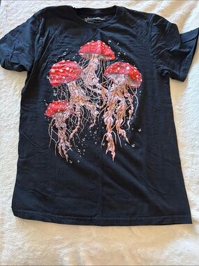Threadless Black Tee with Red Mushroom Jellyfish Art